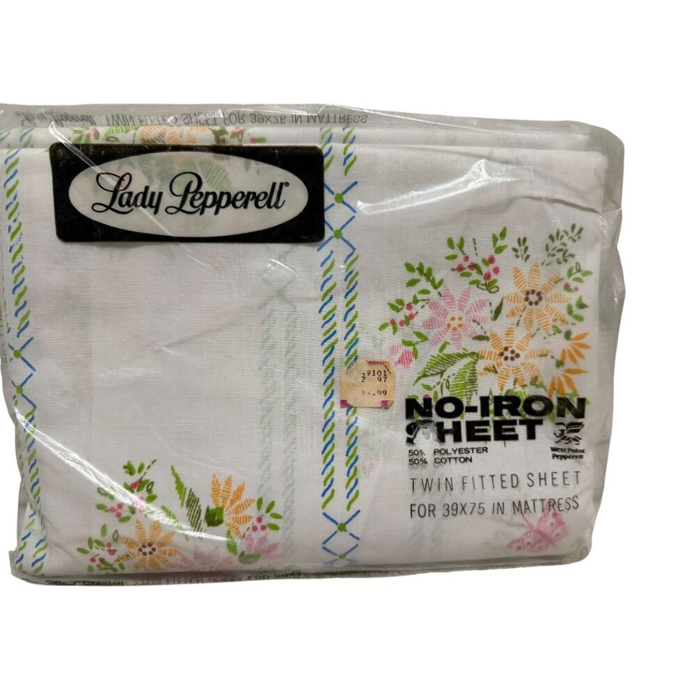 Lady Pepperell Twin Fitted No-Iron Sheet Polyester Cotton Floral Design Vintage